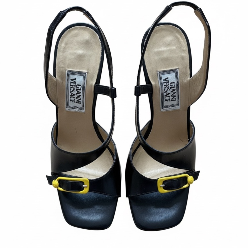 1990s Versace Black Leather Slingback Sandals with Yellow Buckle- vintage